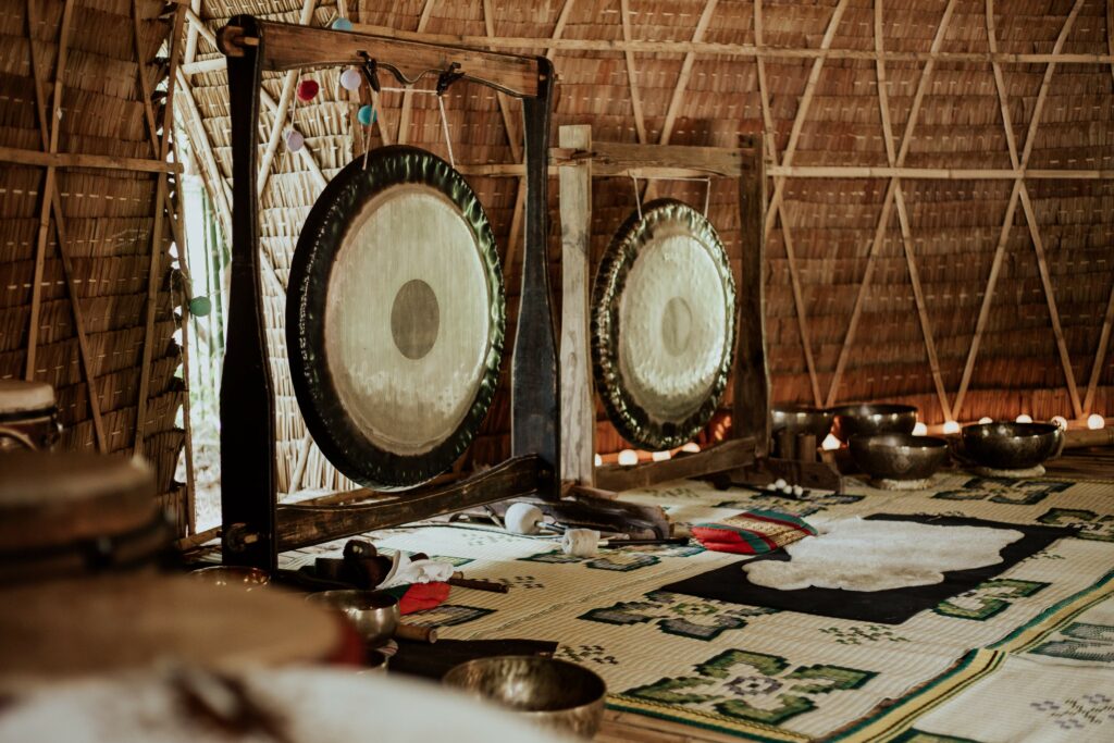 A set of gong instruments, ready to be used in the gong bath meditation. 